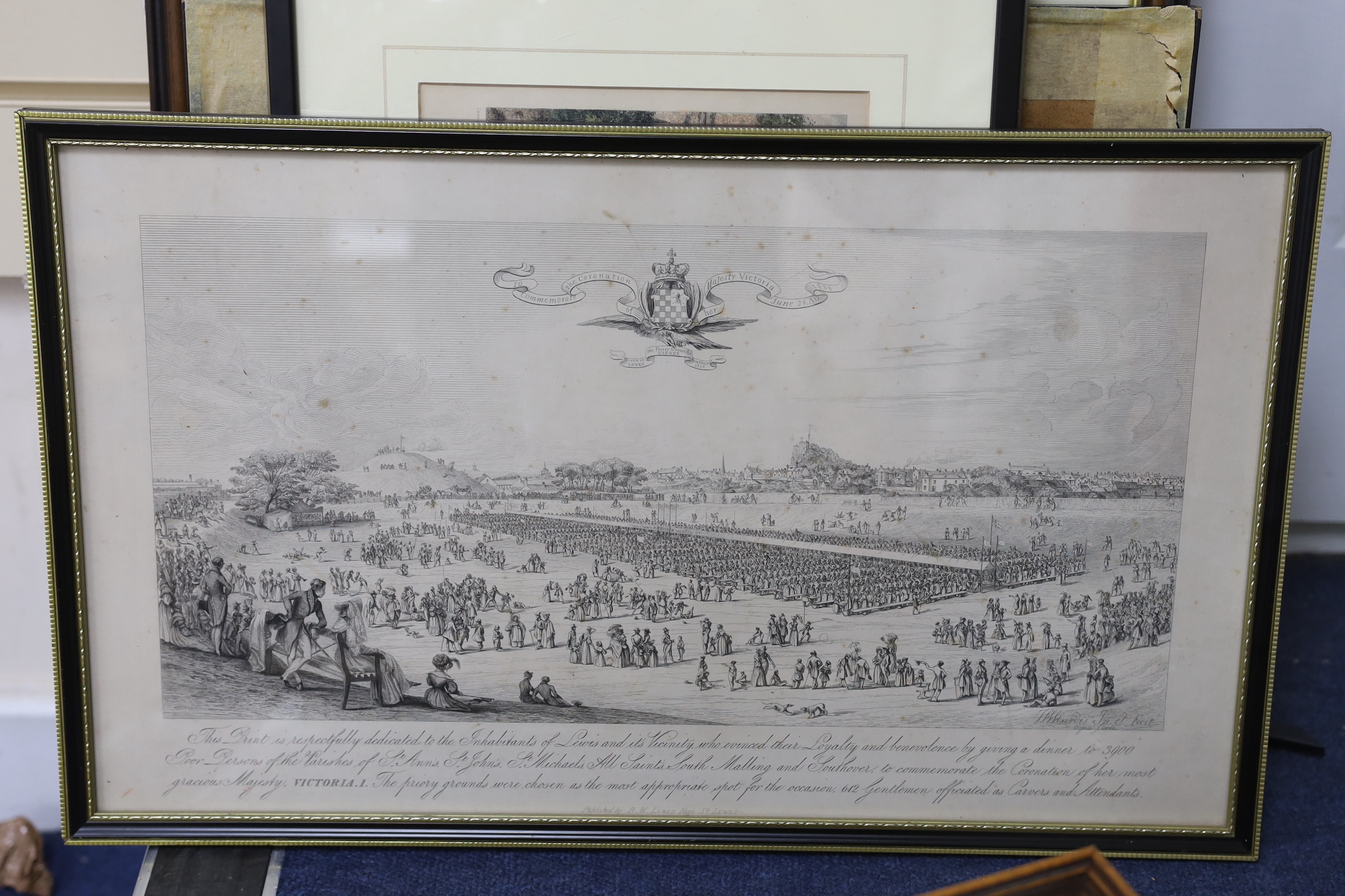 A collection of coloured and black and white engravings of Hastings, Lewes and environs